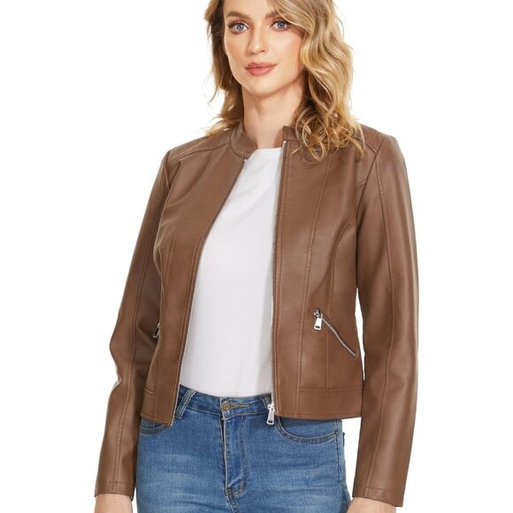 Women's Light Camel Motorcycle Faux PU Moto Biker Outwear Zip Leather Jackets
